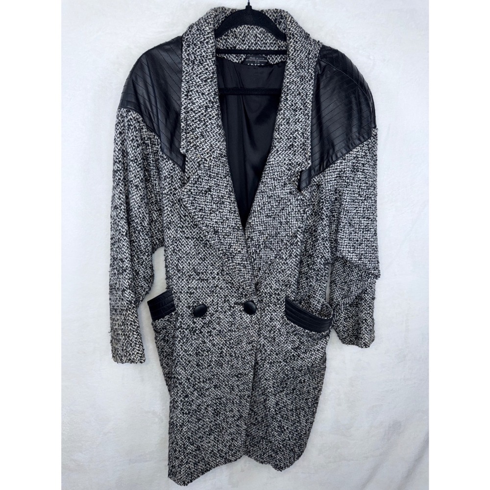 Vintage ADA Mens Tweed Long Coat Leather Trim Black White 11080 Made in USA 9-10